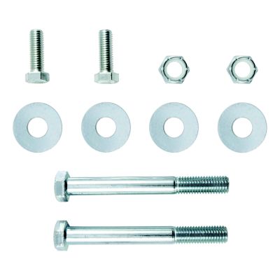 Pintle hitch lunette ring hardware kit with bolts, washers, and nuts arranged on a white background.