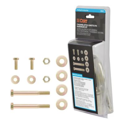 Pintle hitch lunette ring kit with bolts, nuts, and washers displayed alongside packaging.