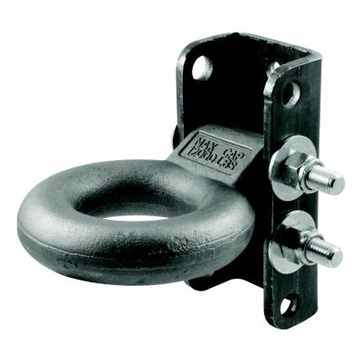 Raw steel adjustable pintle hitch with lunette ring, showcasing robust design and multiple mounting bolts.