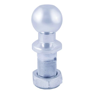Shiny pintle hitch ball with threaded shank and nut, ideal for towing connections.
