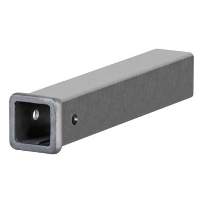 Weld-on raw steel trailer hitch receiver tube with rectangular opening and bolt hole, ideal for custom towing setups.