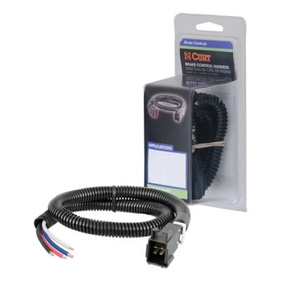 Universal electric trailer brake controller wiring harness, featuring a flexible coil and durable connectors in retail packaging.