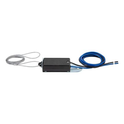 Nylon breakaway switch with pin lanyard and wiring, ideal for trailer safety and emergency brake activation.