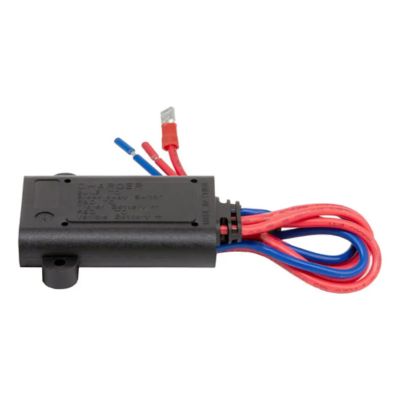 Trailer Breakaway Battery Charger with red and blue wires, compact design for reliable trailer safety and emergency braking.