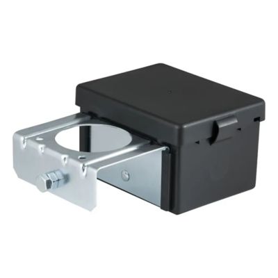 Lockable breakaway battery case with metal bracket, featuring a durable black cover and secure fastening mechanism.