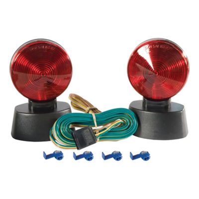 Magnetic trailer lights with 4-pin flat plug, featuring red lenses, wiring, and connectors for dinghy towing.