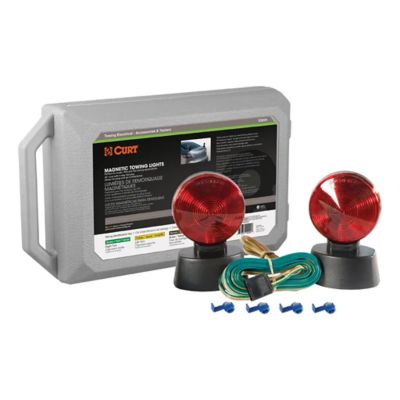 Magnetic trailer lights with red lenses, green wiring, 4-pin flat plug, and storage case for dinghy towing apps.