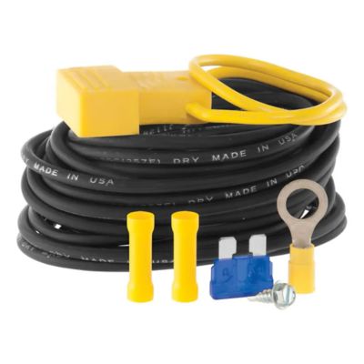 Yellow powered tail light converter kit with wiring, connectors, and fuse, ideal for efficient vehicle lighting installation.