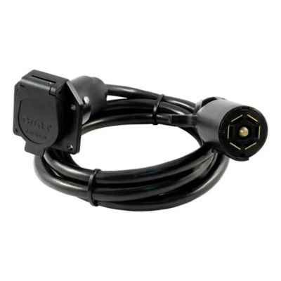 CURT 56080 truck bed 7-pin trailer wiring harness extension, black coiled cable with connector and socket ends.