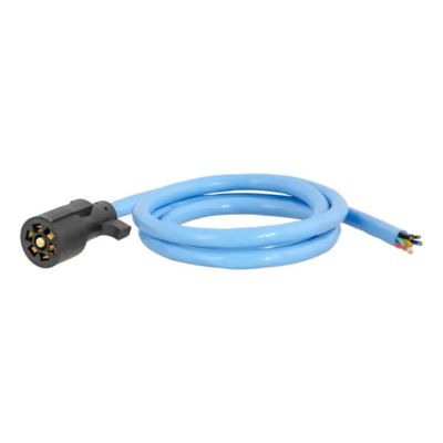 Cold weather 7-pin RV blade trailer wiring harness with blunt-cut wires, blue cable designed for extreme temperatures.