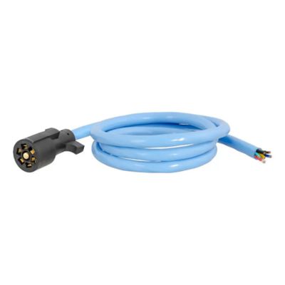 Blue 7-pin trailer wiring harness with black connector, ideal for extreme temperatures and cold weather use.