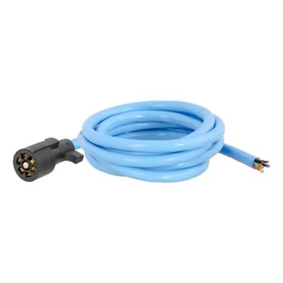 Blue 7-pin RV blade trailer wiring harness with black plug and blunt-cut wires, designed for extreme temperature conditions.