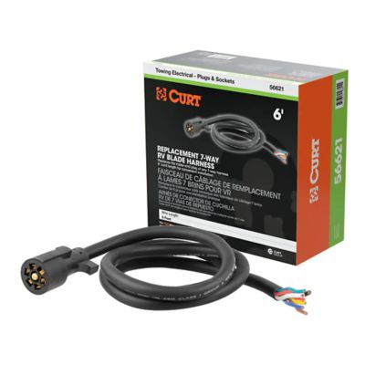 CURT 7-Pin RV Blade Trailer Wiring Harness Plug with blunt-cut wires, displayed in front of its packaging box.