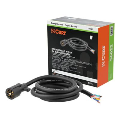 Replacement 7-pin RV blade trailer wiring harness plug with blunt-cut wires, shown with packaging and product features.