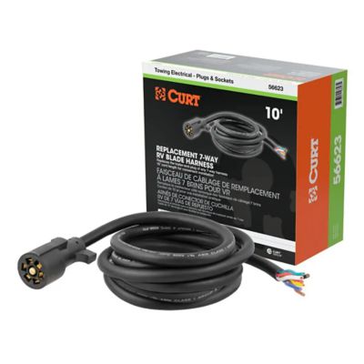 Replacement 7-pin RV blade trailer wiring harness plug with blunt-cut wires and boxed packaging.
