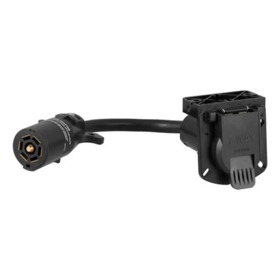 LED-compatible 7-way RV blade trailer wiring adapter featuring a durable black design with plug and socket ends.