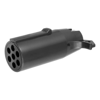 Black CURT 57040 adapter converting 7-way round to 4-way flat for trailer wiring, showcasing round connector design.