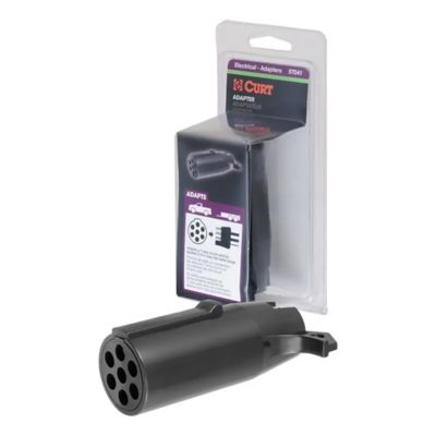 CURT 57041 adapter for converting 7-way round vehicle plugs to 4-way flat trailer connections, shown in packaging.