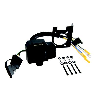 Dual-output trailer wiring adapter with backup alarm, featuring connectors, wires, and mounting hardware for easy installation.