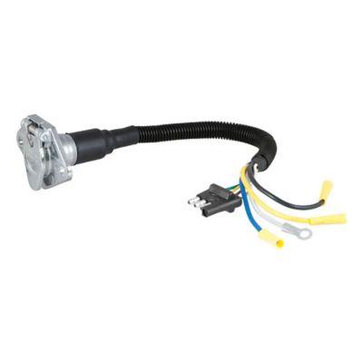 Trailer wiring adapter with a 4-way flat to 6-way round design, featuring a flexible black cable and multicolored wires.