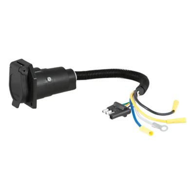 Trailer wiring adapter with 4-way flat to 7-way RV blade, featuring black casing and multicolored wires on white background.