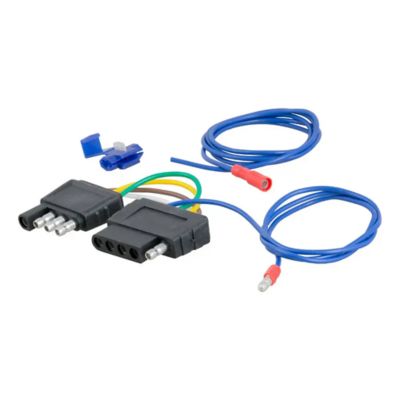 Adapter for connecting 4-way to 5-way flat setups with boat trailer surge brakes, featuring blue and black connectors.