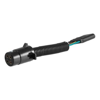 4-pin round to 4-way flat trailer wiring adapter, black coiled cable with connector ends. Ideal for vehicle-side installation.
