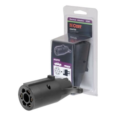 CURT 57241 trailer wiring adapter in packaging, featuring 7-way RV blade to 4-way flat vehicle-side connection design.