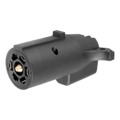 Black CURT 57250 adapter, 7-way RV blade to 5-way flat trailer wiring, showing key connection details on a white background.