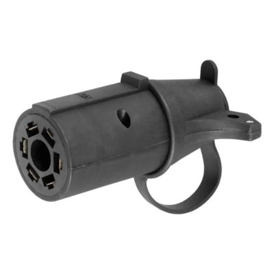 Vehicle-side adapter for 7-way RV blade to 6-way round trailer wiring, featuring built-in tester and auxiliary power pin.
