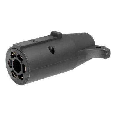 Black CURT 57260 trailer wiring adapter, 7-way RV blade to 6-way round, with center pin auxiliary power in sturdy design.
