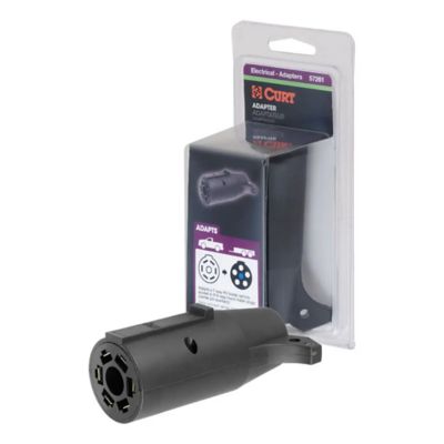 CURT 57261 adapter for 7-way RV blade to 6-way round trailer wiring, center pin auxiliary power, in packaging.
