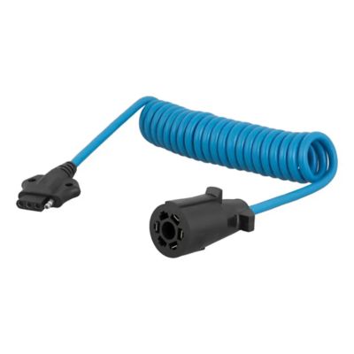Coiled blue electrical adapter harness with 7-way RV blade and 4-way flat trailer connectors.