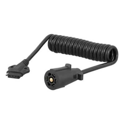 Coiled black CURT 57281 adapter harness with 7-way RV blade to 5-way flat trailer connectors on a white background.