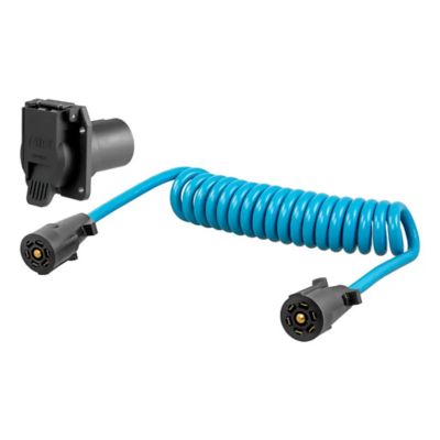 Blue RV blade wiring extension harness with coiled design and USCAR socket for dinghy towing vehicle connection.