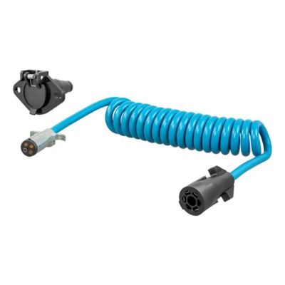 Blue coiled CURT 57285 towing adapter harness with 7-way RV blade and 4-way round connectors.