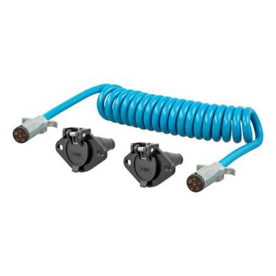 Blue coiled 6-way towing adapter harness with sockets for motorhome to dinghy vehicle connection.