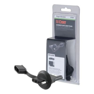 CURT 57404 trailer wiring adapter with packaging, showcasing license plate mounting feature and vehicle compatibility icons.