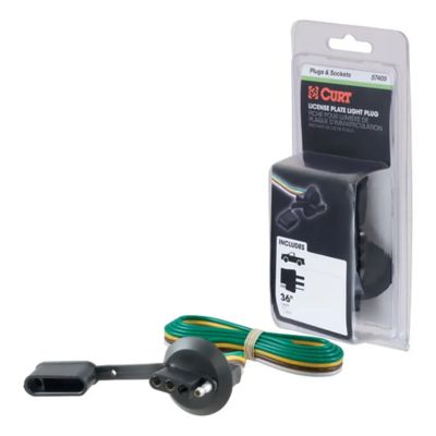 CURT 57405 vehicle-side 4-pin flat trailer wiring harness with colorful wires and packaged in a transparent blister pack.