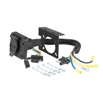 Vehicle-to-trailer wiring adapter with dual-output connectors and mounting bracket, featuring assorted wires and hardware.