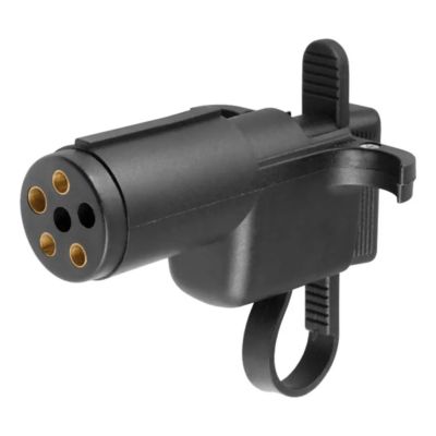 Black round vehicle-side to flat trailer wiring adapter with attached tester, featuring multiple connectors and a secure latch design.