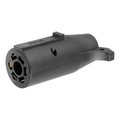 Black trailer wiring adapter with 7-way RV blade to 6-way round connection, featuring a center pin for brake lights.