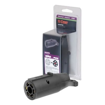 CURT 57661 adapter in packaging, connects 7-way RV blade to 6-way round trailer, center pin for brake lights.