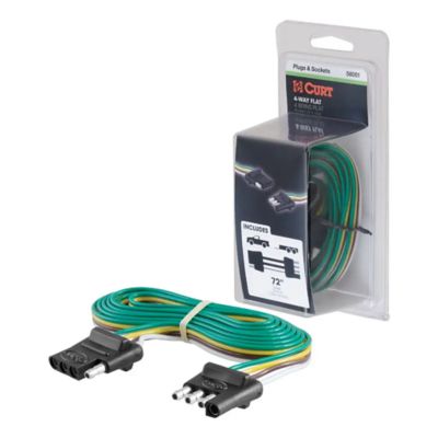 CURT 58051 4-Pin Flat Wiring Harness for vehicle and trailer, coiled with connectors, in retail packaging.