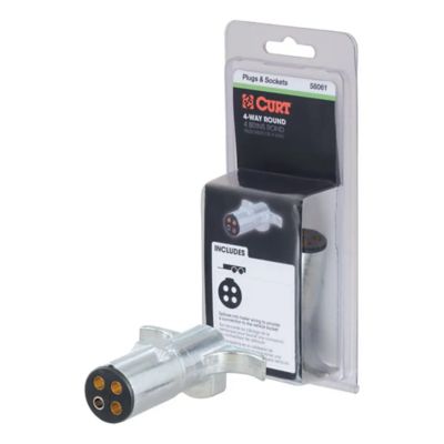 Trailer-side 4-pin round wiring harness plug in packaging, featuring CURT branding and socket details.