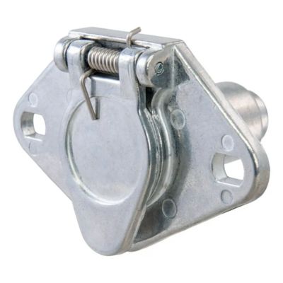 Sturdy 4-pin round trailer wiring harness socket for vehicle-side connection, featuring durable metallic construction.