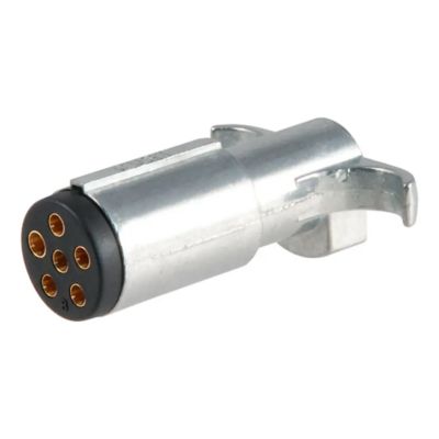 Trailer-side 6-pin round wiring harness plug, featuring a durable metal body with visible pin connectors for secure trailer connections.