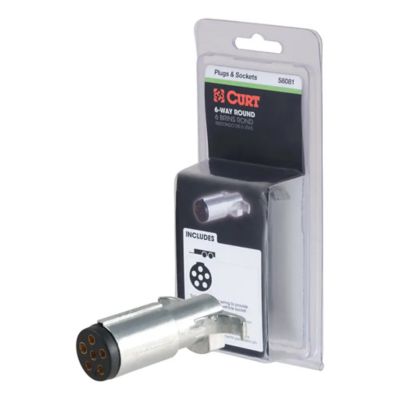 Trailer-side 6-pin round wiring harness plug, CURT 58081, displayed in retail packaging with connector details.