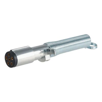 Trailer-side 6-pin round wiring harness plug with spring; durable metal construction and compact design for secure connections.