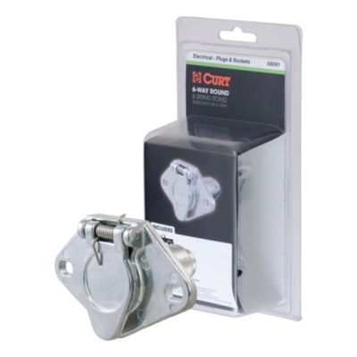 Vehicle-side 6-pin round trailer wiring harness socket in packaging, featuring durable metal construction and compact design.